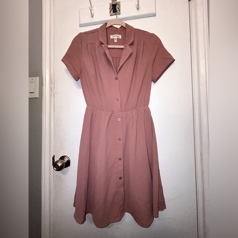 Monteau Mauve Notched Collar A-Line Button-Up Midi Dress